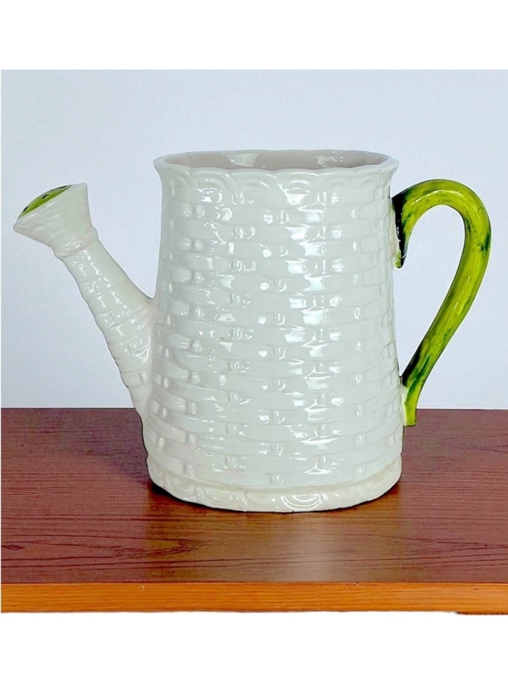 Vintage Basket Weave Ceramic Watering Can Planter Numbered Multi Use White Green